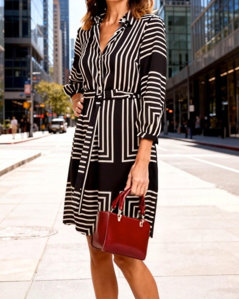 Sukienka Klapa Kołnierz W Paski Nadruk