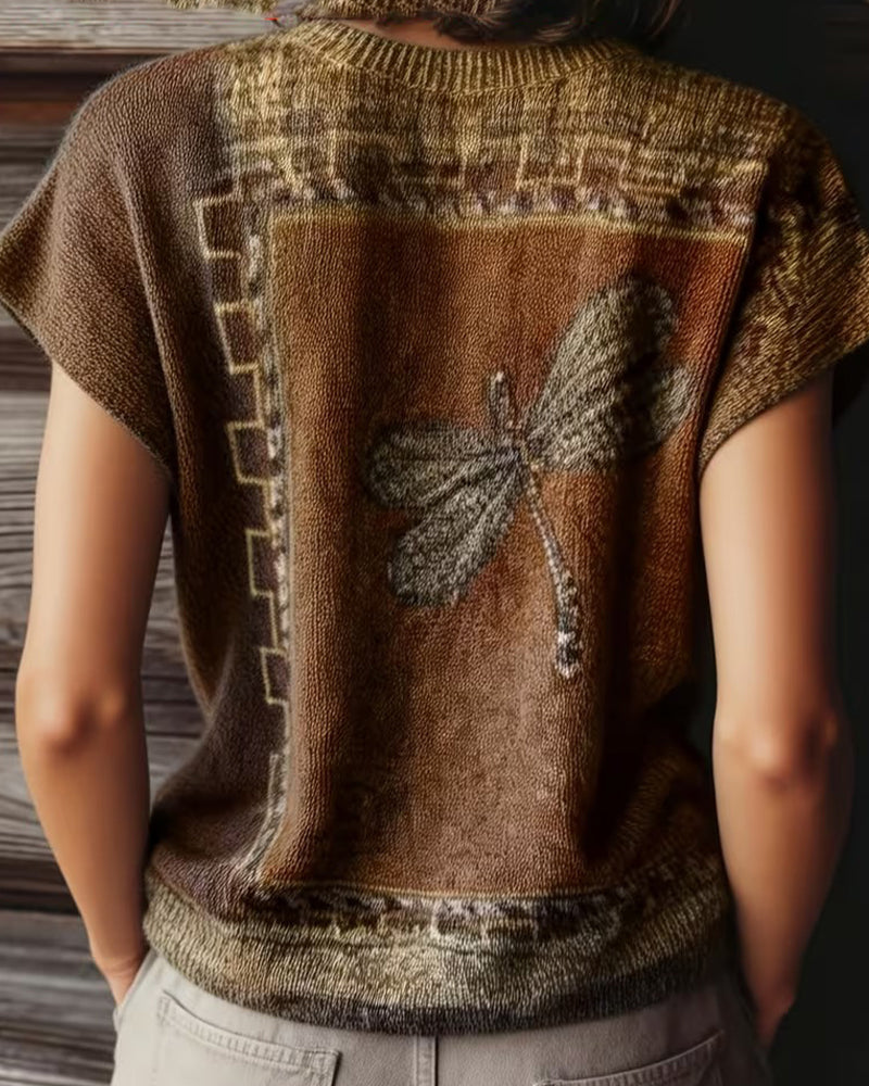 Sweter Wzór Ważka Okrągły Dekolt Krótki Rękaw