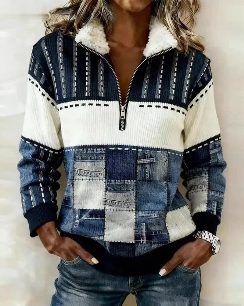 Retro Bluza Z Kapturem I Pół-Zamkiem