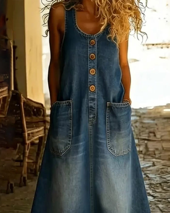 Sukienka Bez Rękawów Guzik Denim Kamizelka Długa