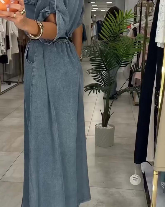 Sukienka Koszula Kołnierz Kieszeń Guzik Denim