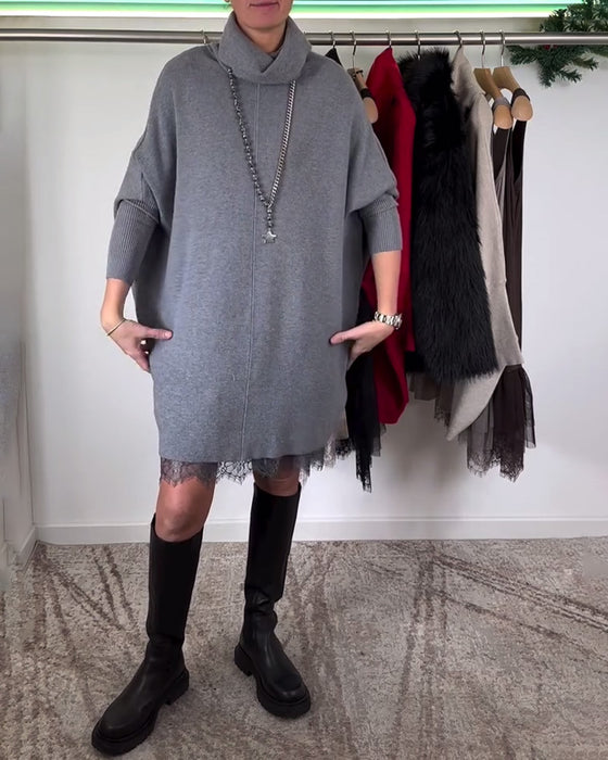 Sukienka z Ramiączkami Koronkowa Siateczka Garnitur Wysoki Kołnierz Rękawy Nietoperza