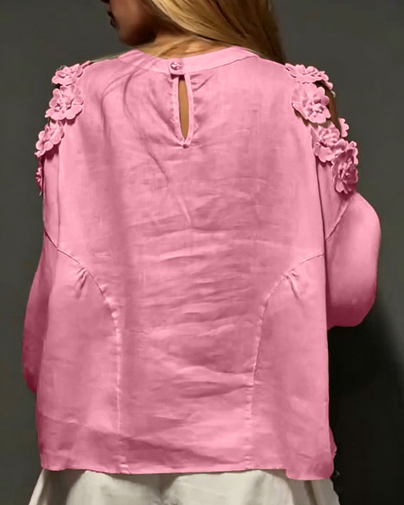 Bluzy Okrągły Dekolt Wycięcie Off-Shoulder 3D Kwiatowy