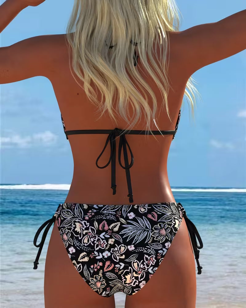 Bikini Kwiatowy Wiązany na Szyi Dwuczęściowy Bikini