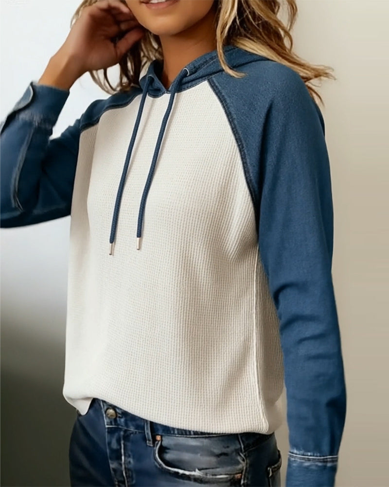 Bluza Z Kapturem Stylowa Dżins Dzianinowa Patchwork