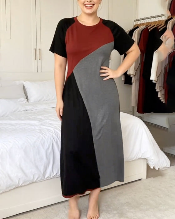 Sukienka Patchwork Raglan Okrągły Dekolt