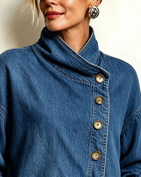 Płaszcz Ukośny Guzik Stójka Denim
