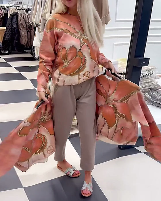 Luźny Sweter z Okrągłym Dekoltem i Wzorem