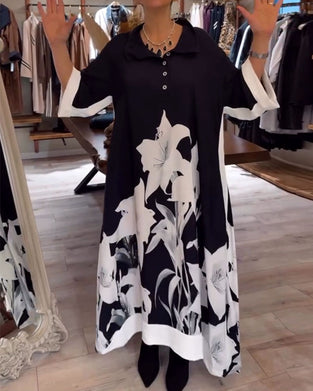 Sukienka Kołnierz Nadruk Oversized Maxi