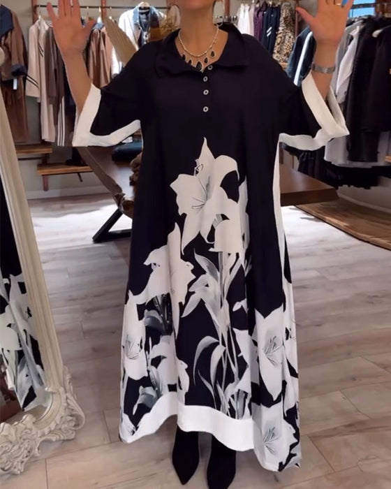 Sukienka Kołnierz Nadruk Oversized Maxi