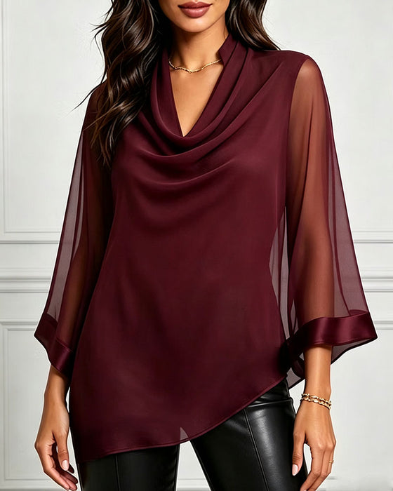 Bluzka Cowl Neck Nieregularny Gładki Sheer