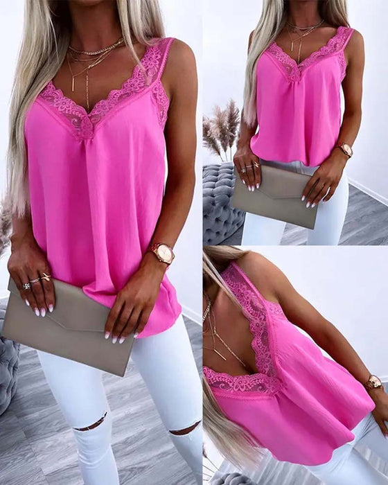 Koronkowy top bez rękawów z dekoltem w kształcie litery V w jednolitym kolorze