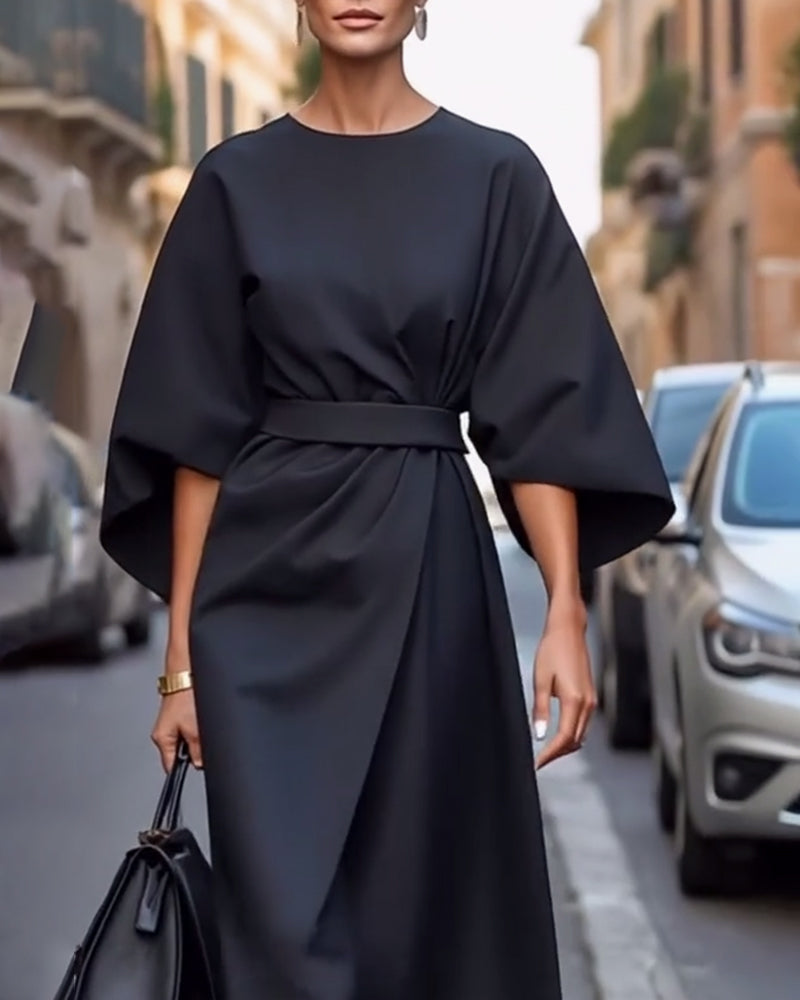 Sukienka Z Eleganckimi Lanternowymi Rękawami I Pasek