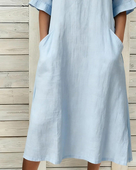 Sukienka Len Stójka Rękaw Średni