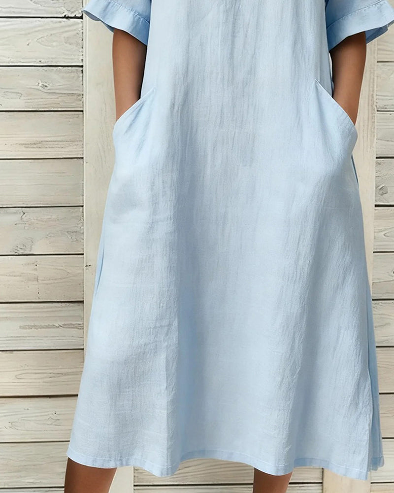 Sukienka Len Stójka Rękaw Średni