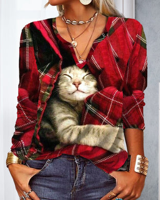 Bluzka z nadrukiem kota i długim rękawem