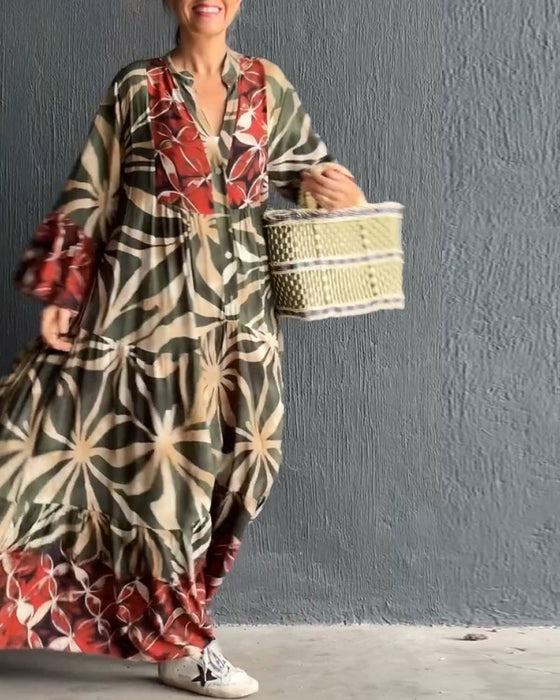 Luźna długa sukienka wakacyjna z nadrukiem