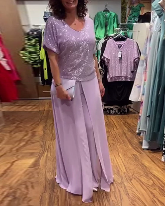 Luźna cekinowa bluzka z krótkim rękawem i dekoltem w kształcie litery V