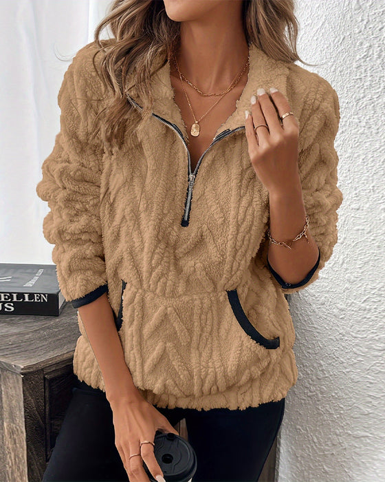 Bluza Z Klapami Zipper Przód Welurowy