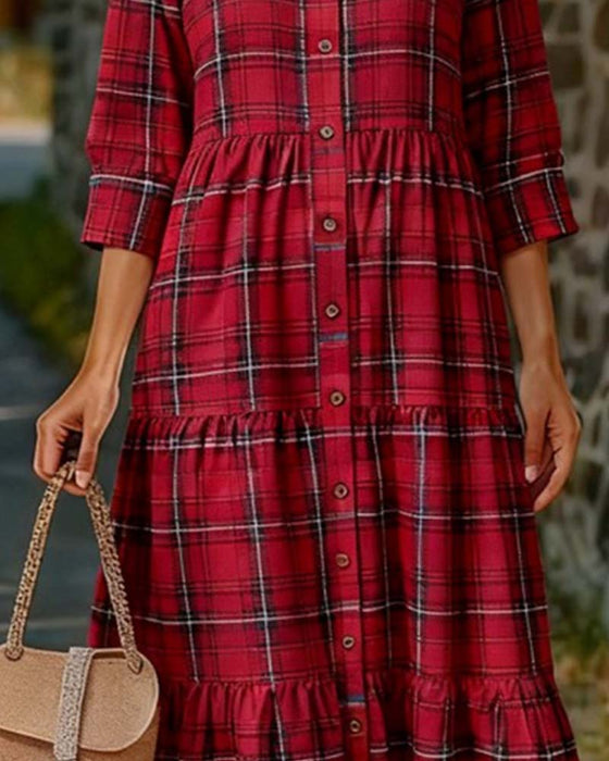 Sukienka Plaid Siedem-Czwarty Rękaw Warstwowy