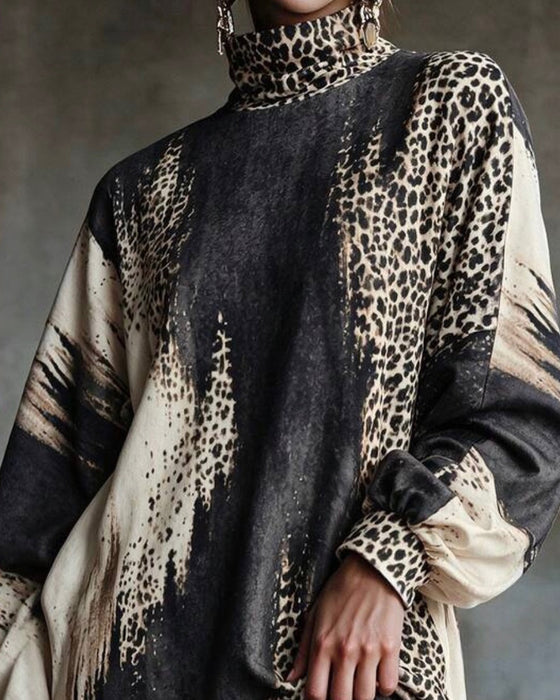 Sukienka Golf Kołnierz Lampart Blok Kolorów