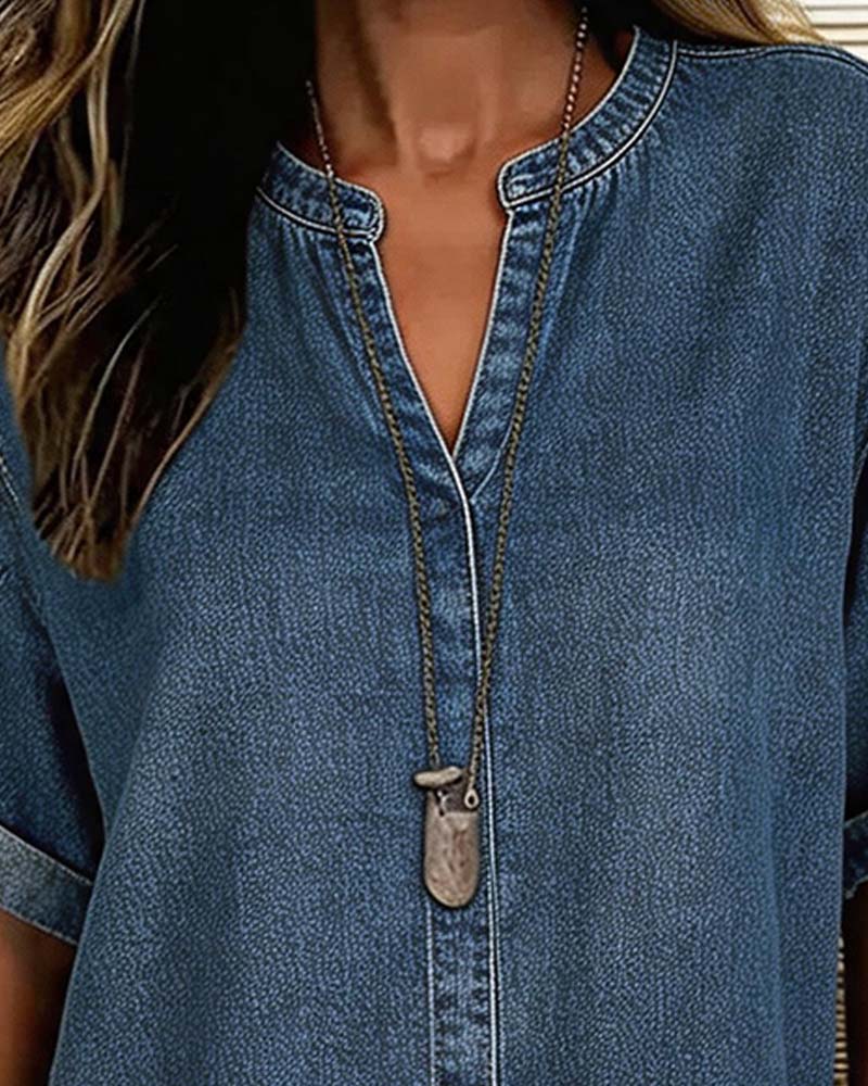 Bluzy V-Szyja Denim Krótki Rękaw