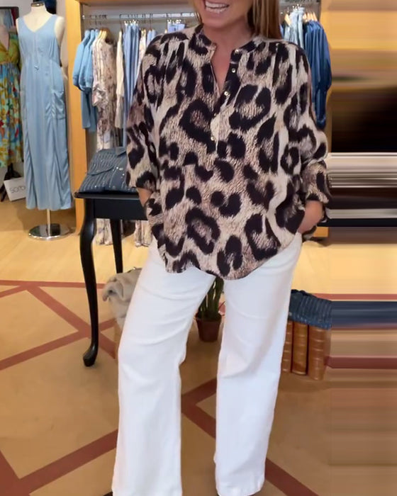 Bluzka Luźna Leopardzi Print Pół Guzik