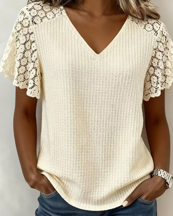 T-Shirt Dekolt W Wafel Koronka Patchwork Jednolity