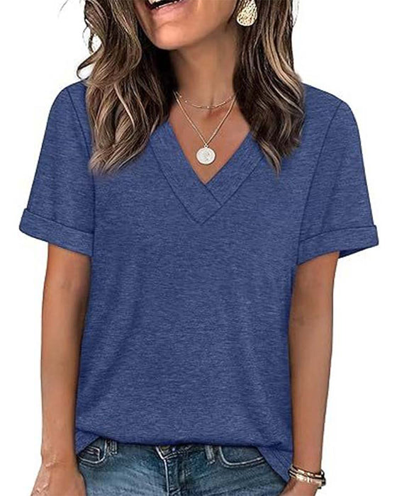 T-Shirt Jednokolorowy Dekolt W Kształcie Litery V Casual Krótki Rękaw
