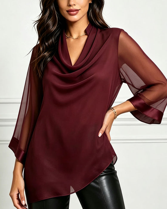 Bluzka Cowl Neck Nieregularny Gładki Sheer