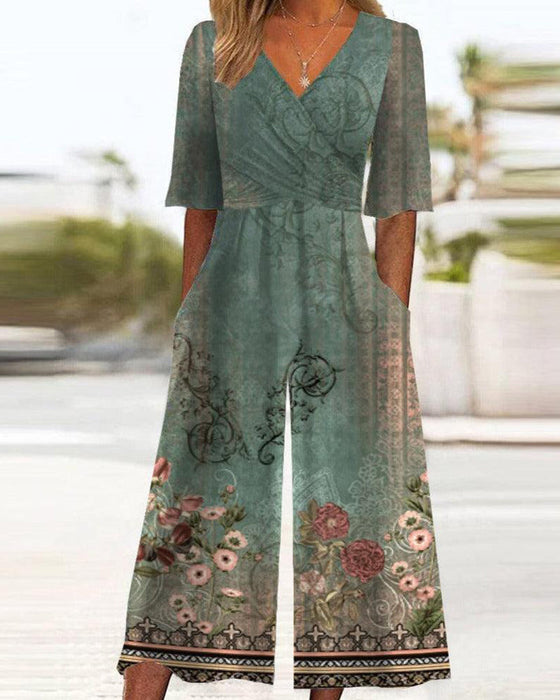 Kombinezon z kieszeniami w stylu vintage w kwiaty