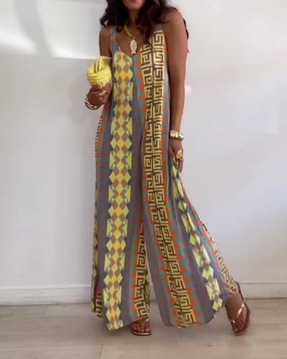 Jumpsuit Geometryczny Druk Ramiączko Spaghetti Szeroka Noga