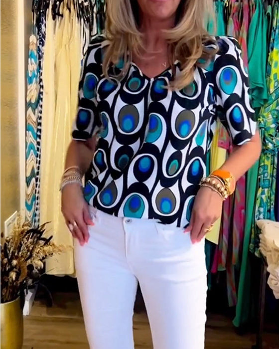 Bluzka z bufiastymi rękawami i nadrukiem geometrycznym