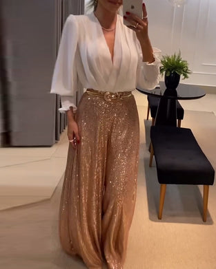 Elegancka bluzka w jednolitym kolorze z dekoltem w serek i rękawami