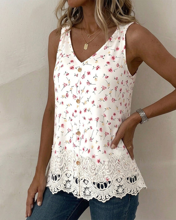 Tank Top V-Szyjka Ramiączko Spaghetti Kwiatowy Koronka Patchwork