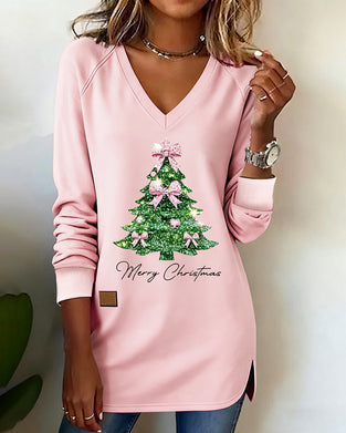 Bluza Z Nadrukiem Choinki Raglanowe Rękawy Dekolt W Serek