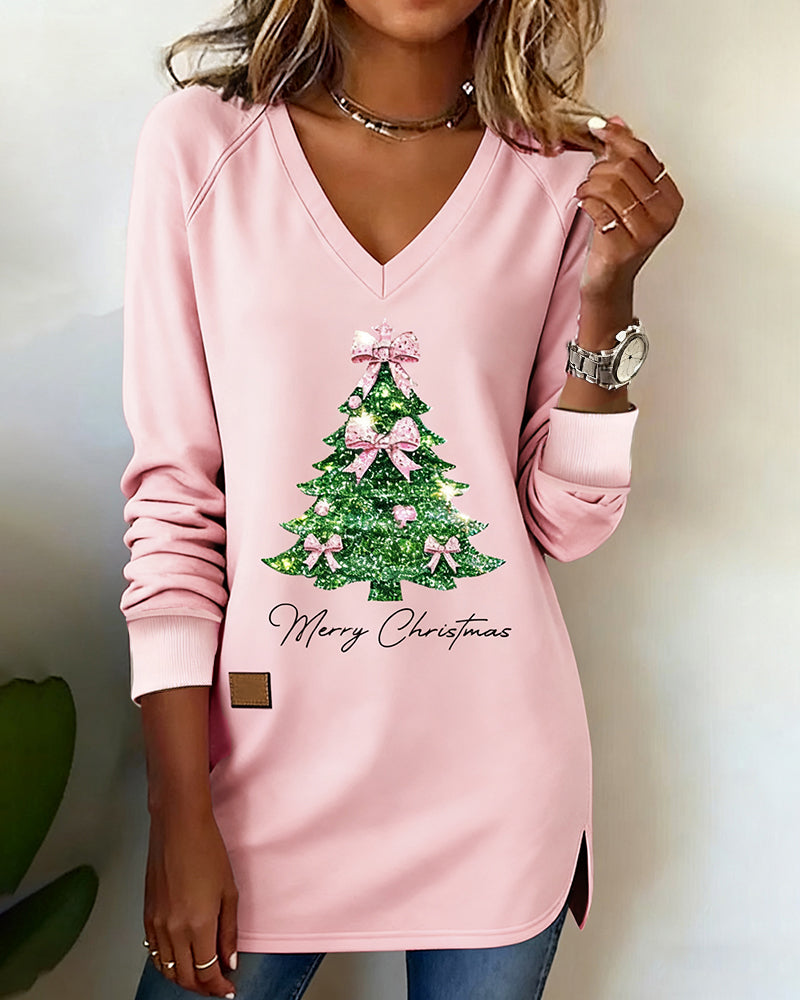 Bluza Z Nadrukiem Choinki Raglanowe Rękawy Dekolt W Serek