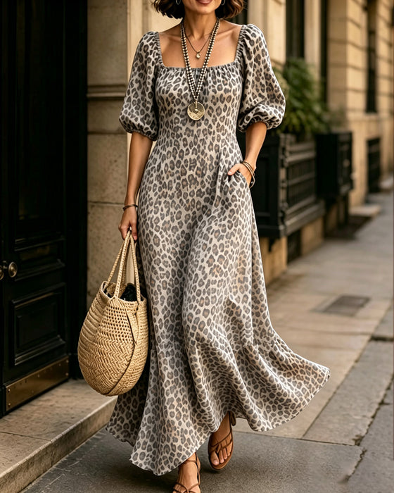 Sukienka Kwadratowa Szyja Lampart Moda