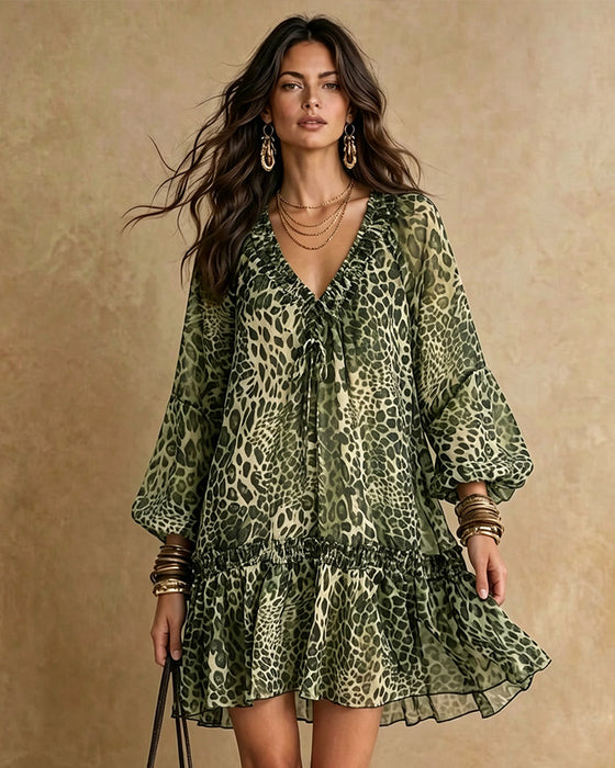 Sukienka V-Neck Leopard Print Bufiaste Rękawy Falbana