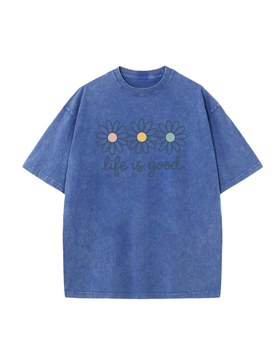 T-Shirt Nadruk Stokrotki Swobodny Postarzany