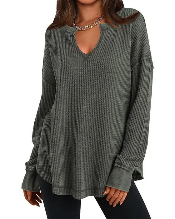 Top Wafel Henley Długi Rękaw