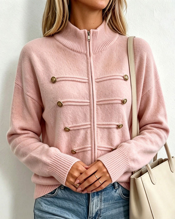 Cardigan Kołnierz Mandarynka Moda Zamek Błyskawiczny Dzianinowy