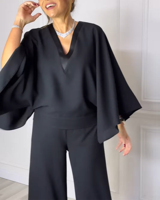 Bluzka Dekolt V Elegancki Rękaw Motyl