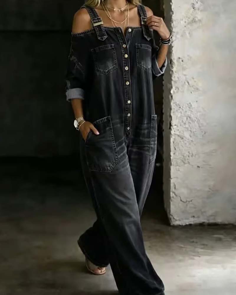 Jumpsuit Ramiączko Spaghetti Odkryte Ramię Szeroka Noga Denim