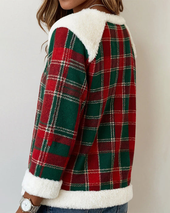 Bluza pluszowa z okrągłym dekoltem i łatkami w kratę