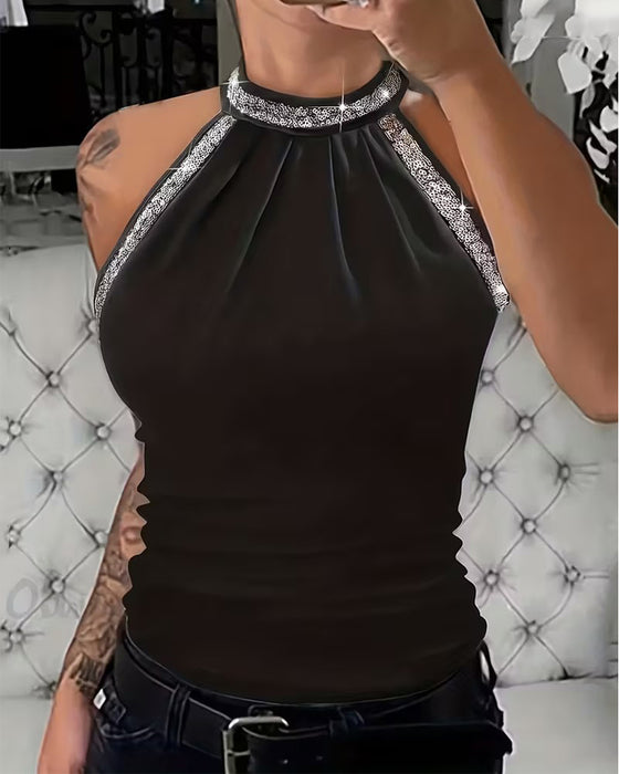 Top Elegancki Z Cekinami Dzianinowy Halter