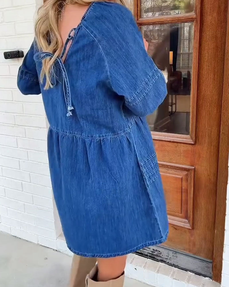 Sukienka Z Dekoltem W Szyję Średni Rękaw Plisowana Denim Babydoll