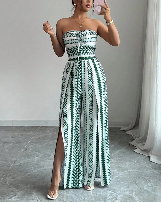 Jumpsuit Geometryczny Bandeau Rozcięcie Szeroka Noga