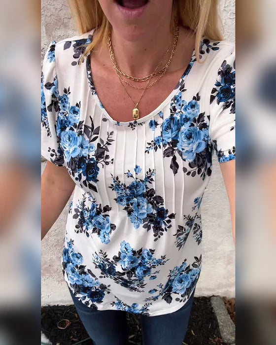 T-Shirt Z Okrągłym Dekoltem Kwiatowy Nadruk Plisowany