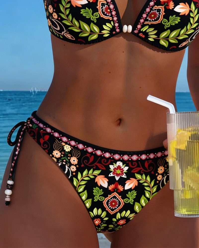 Bikini W Stylu Etnicznym Kwiatowe Wiązane Na Szyi Dwuczęściowe
